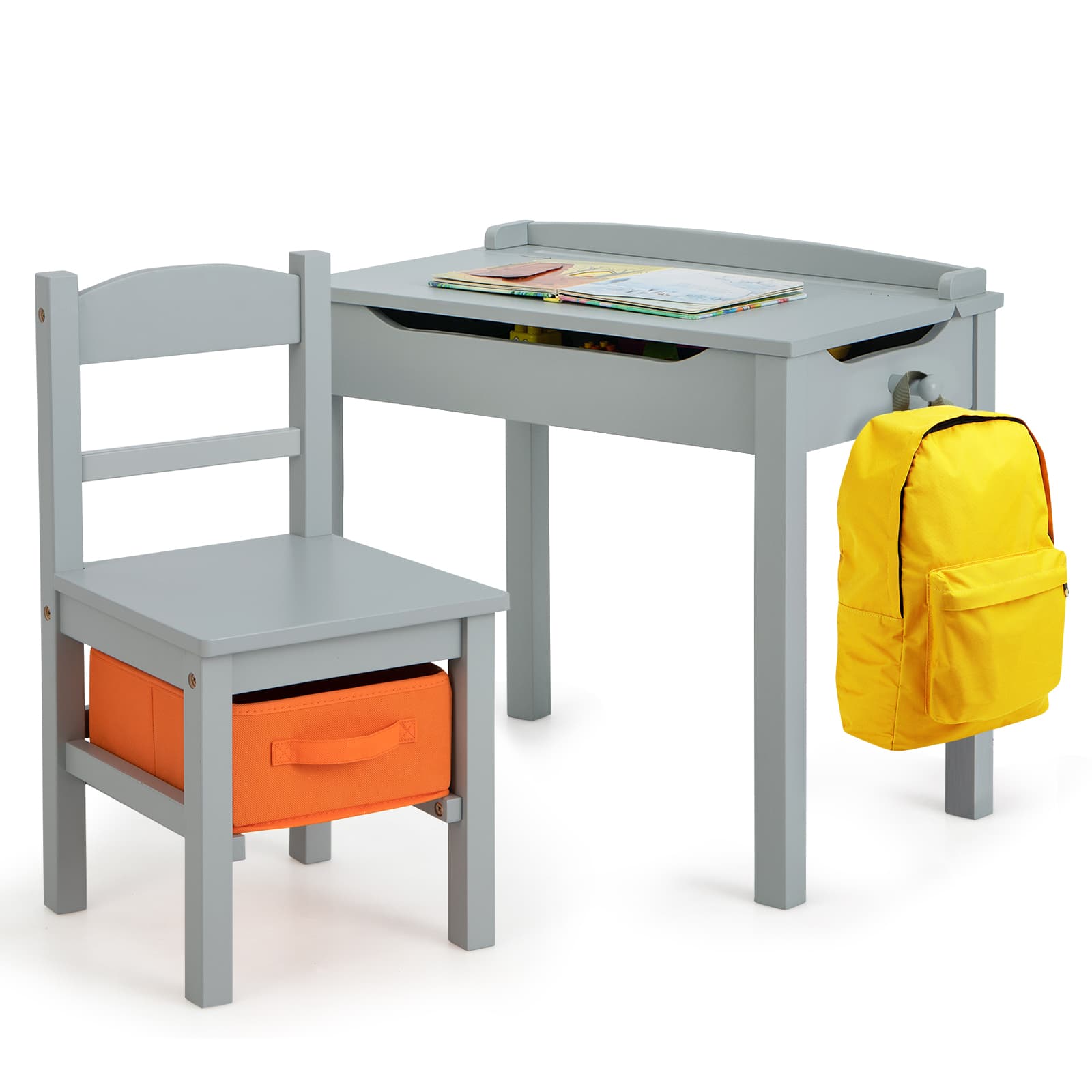 Gymax - Kids Table and Chair Set Wood Activity Study Desk w/ Storage Drawer Hook Grey - Gray