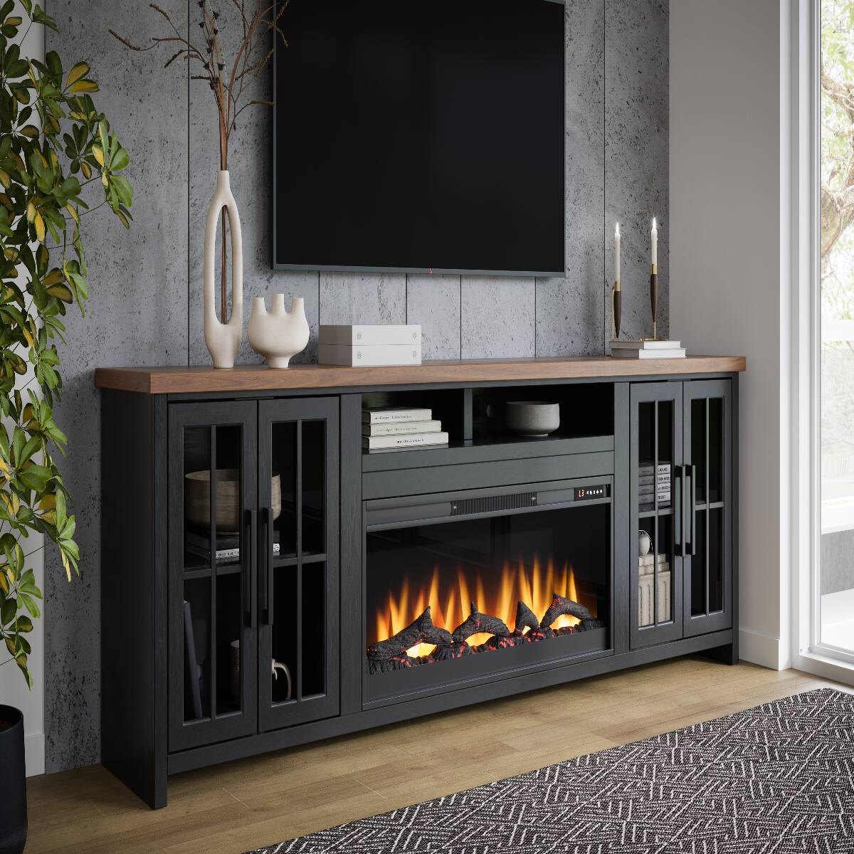 Alt View 1. Loheer - Loheer 97 inch farmhouse fireplace tv stand for 100 inch tv Black - Black.