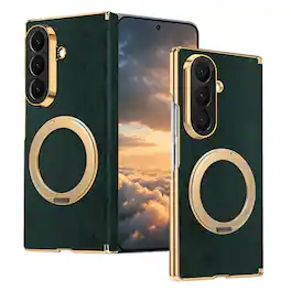 Dteck - Shockproof Magnetic Case for Samsung Galaxy Z Fold8 Ultra with Ring Stand, Leather Texture Rigid Plastic Hinge Cover - Darkgreen
