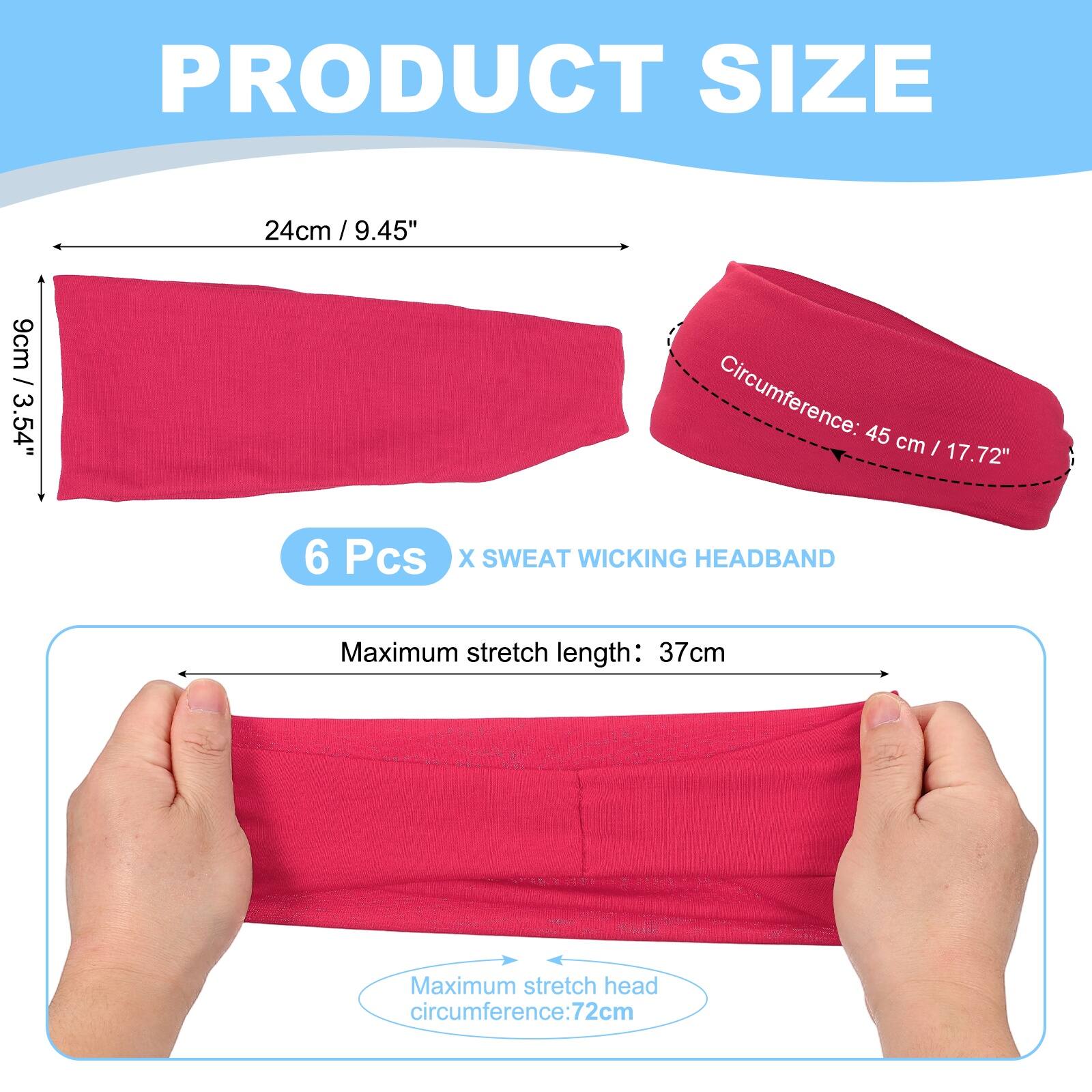 PRODUCT SIZE

24cm / 9.45"  
9cm / 3.54"  
Circumference: 45 cm / 17.72"  

6 Pcs X SWEAT WICKING HEADBAND  

Maximum stretch length: 37cm  
Maximum stretch head circumference: 72cm