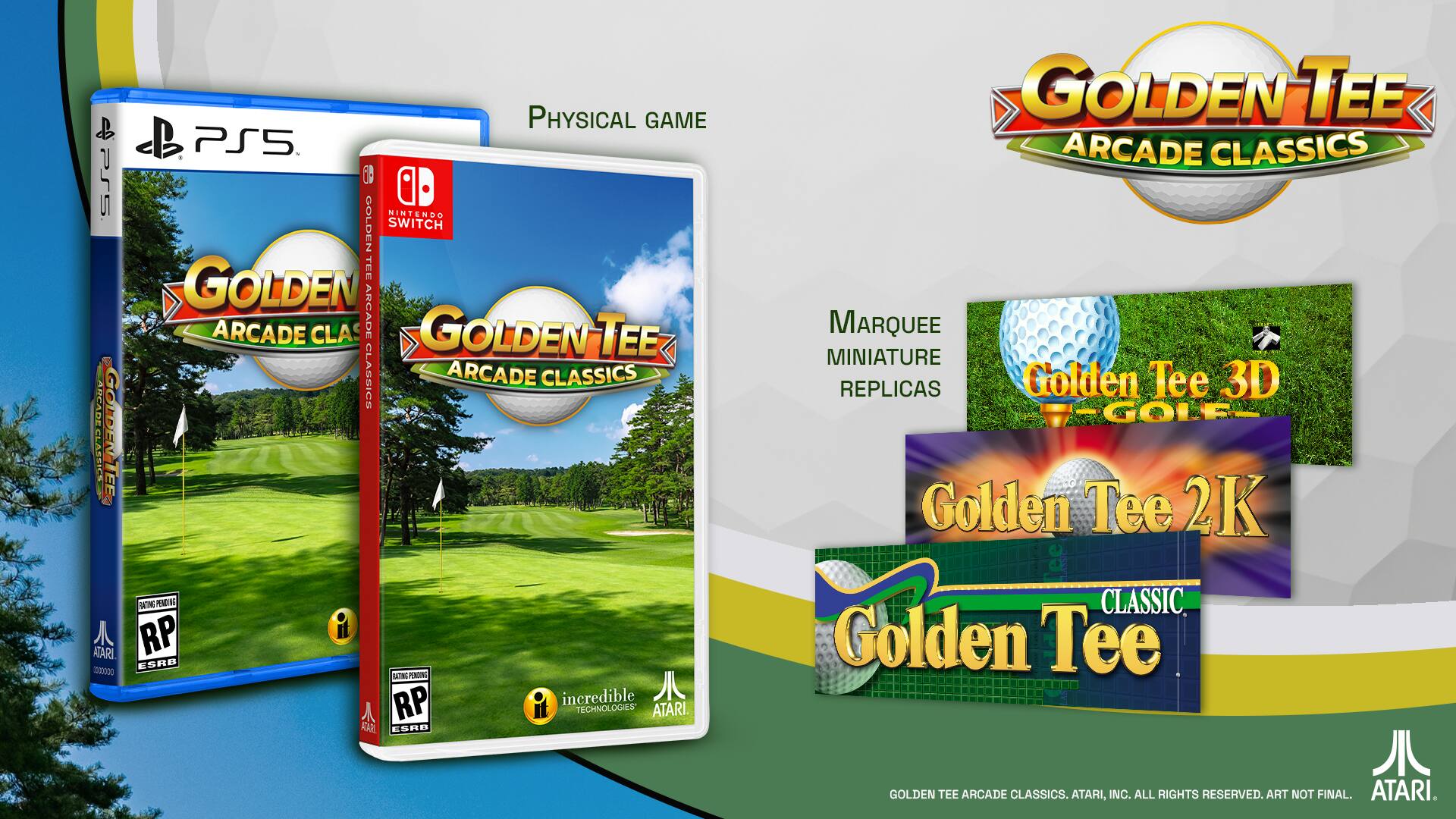The image features two video game cases for the Golden Tee Arcade Classics game, which is available on the Nintendo Switch and PlayStation 5. The game is rated ESRB and is a physical game. The cases showcase the game's logo and are designed to hold the game discs. The game is a collection of classic arcade games, including Golden Tee 3D and Golden Tee 2K Classic. The game is developed by Atari and is a popular choice for gamers who enjoy arcade-style games.