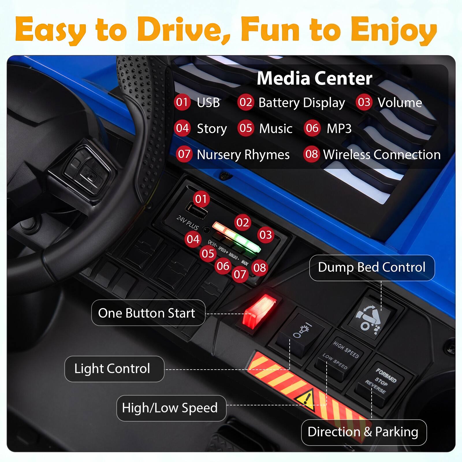 Easy to Drive, Fun to Enjoy

Media Center
01 USB
02 Battery Display
03 Volume
04 Story
05 Music
06 MP3
07 Nursery Rhymes
08 Wireless Connection

One Button Start

Light Control

High/Low Speed

Dump Bed Control

Direction & Parking