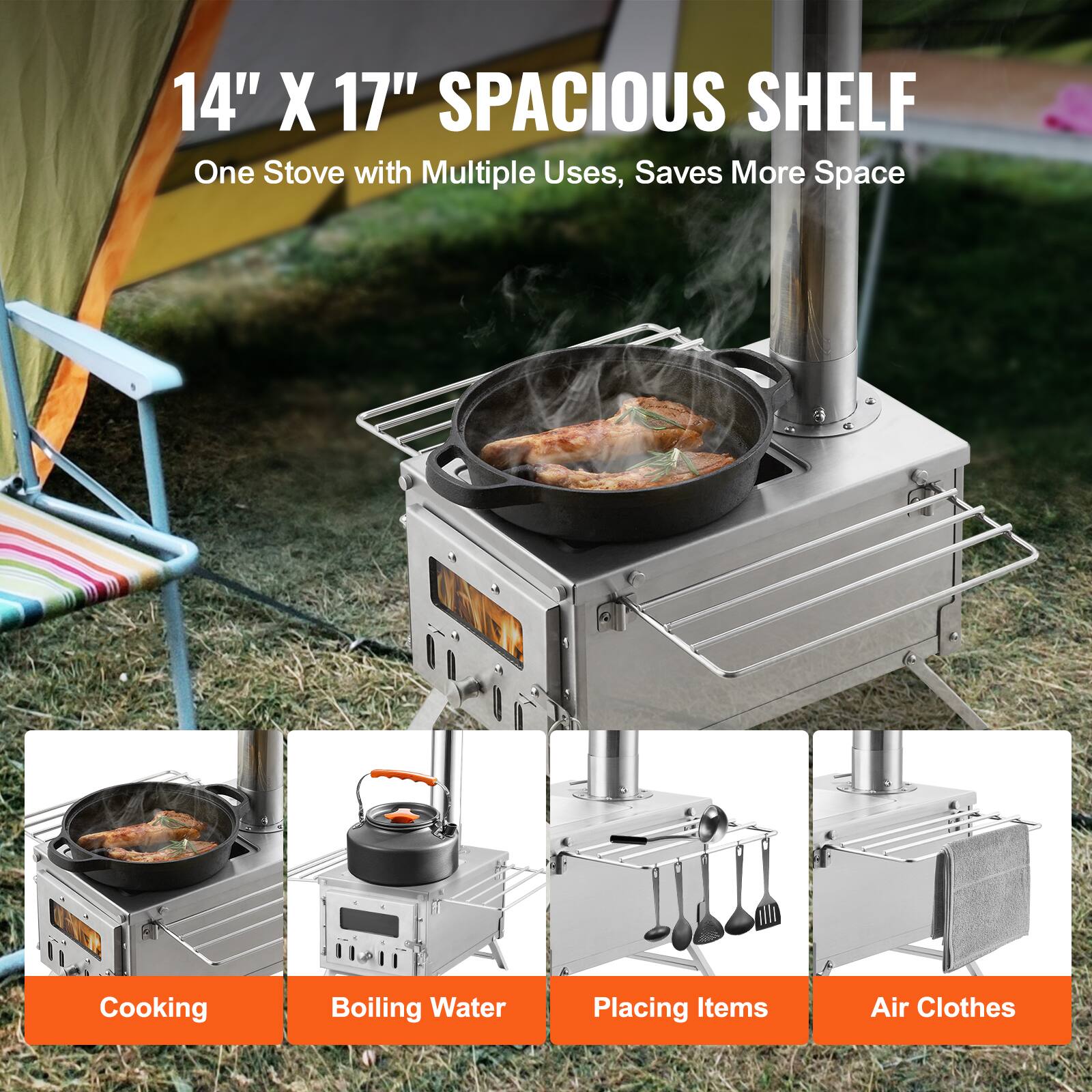 14" X 17" SPACIOUS SHELF  
One Stove with Multiple Uses, Saves More Space  

Cooking  
Boiling Water  
Placing Items  
Air Clothes