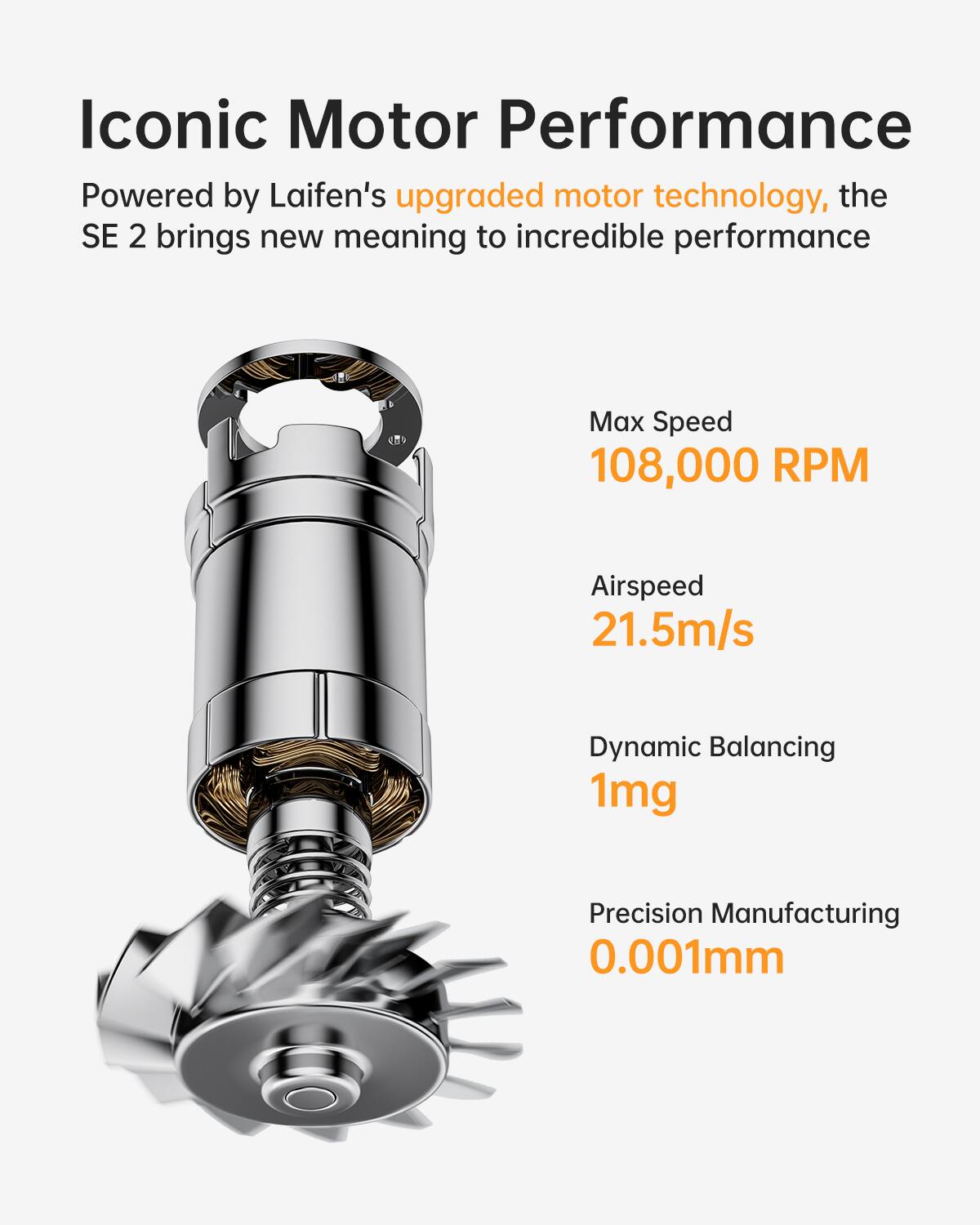 Iconic Motor Performance

Powered by Laifen's upgraded motor technology, the SE 2 brings new meaning to incredible performance

- Max Speed: 108,000 RPM
- Airspeed: 21.5m/s
- Dynamic Balancing: 1mg
- Precision Manufacturing: 0.001mm