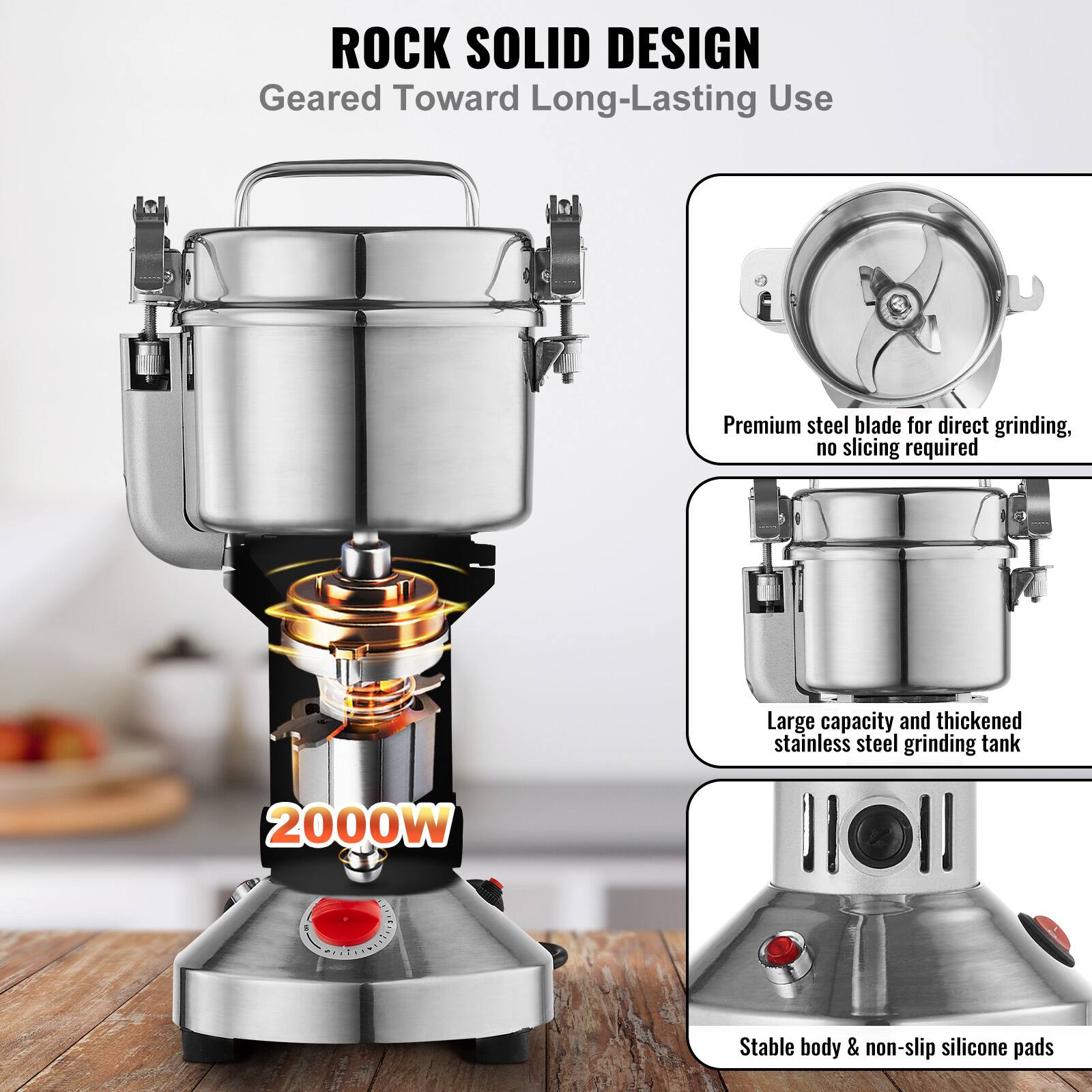 **ROCK SOLID DESIGN**  
Geared Toward Long-Lasting Use

- Premium steel blade for direct grinding, no slicing required
- Large capacity and thickened stainless steel grinding tank
- 2000W
- Stable body & non-slip silicone pads