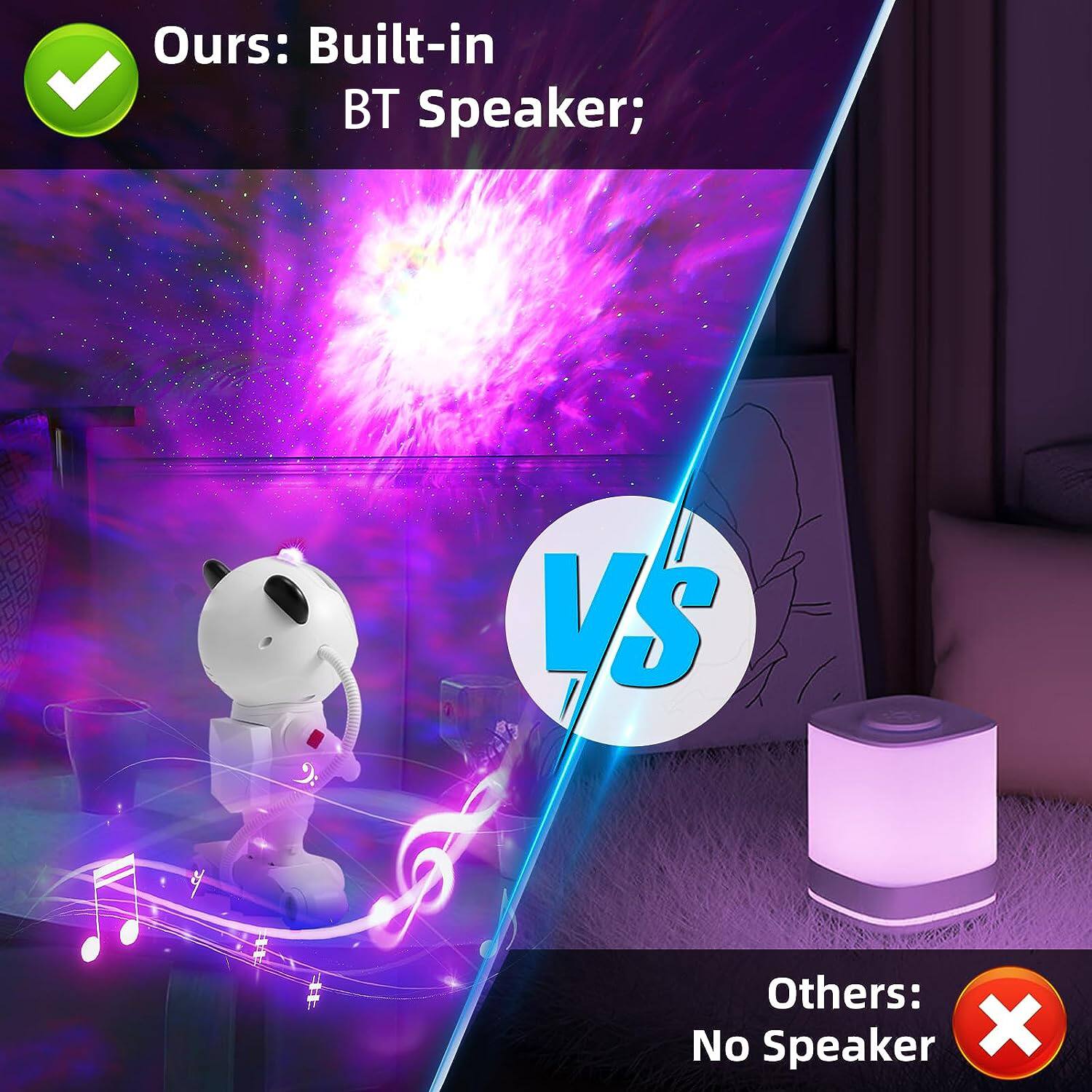 Ours: Built-in BT Speaker;  
VS  
Others: No Speaker