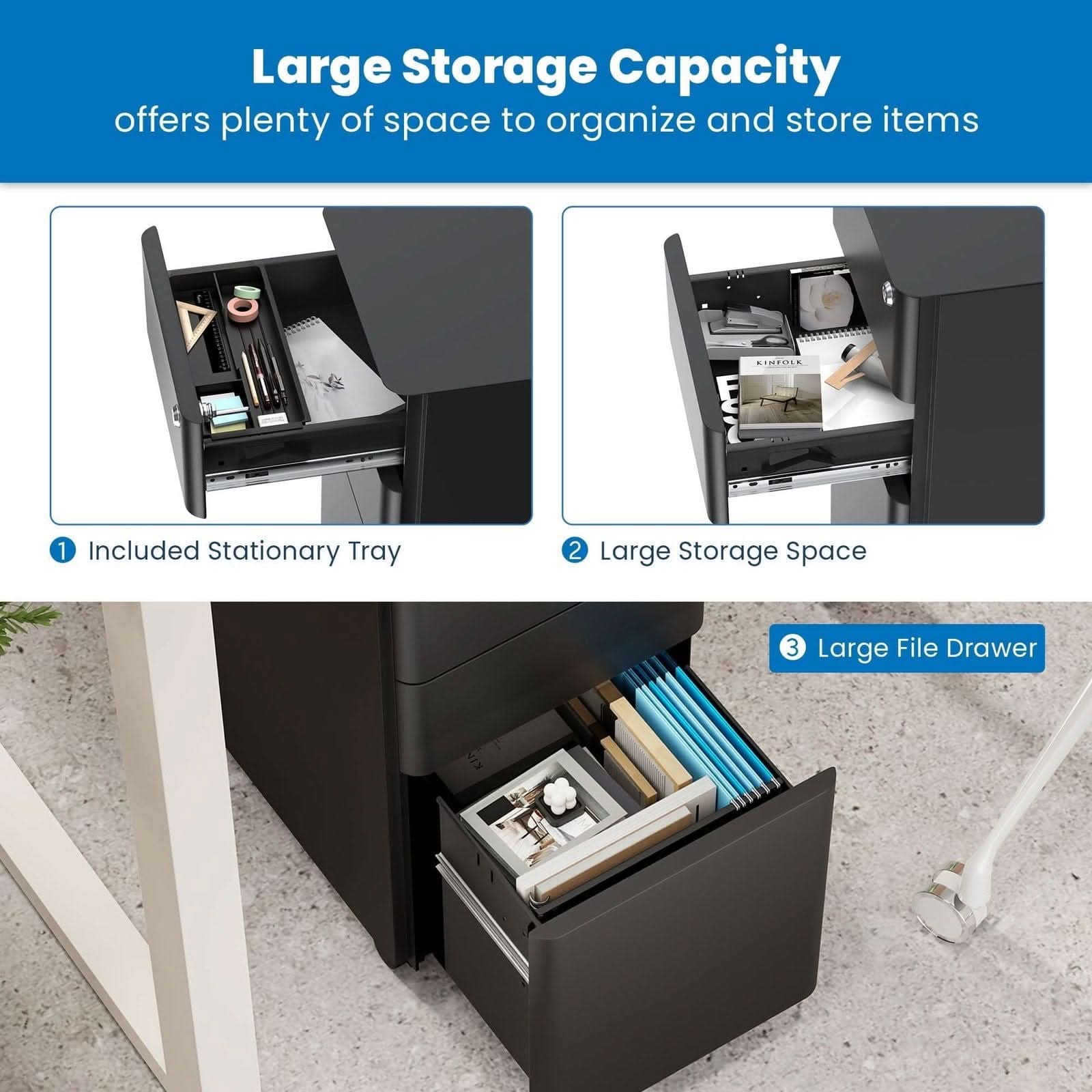 Large Storage Capacity offers plenty of space to organize and store items

1. Included Stationary Tray
2. Large Storage Space
3. Large File Drawer