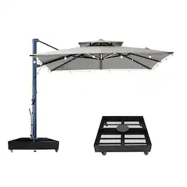 Mondawe - 10x10ft Cantilever Patio Lighted Umbrella with DIY Drape Hook and Base - Gray