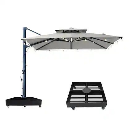 Front. Mondawe - 10x10ft Cantilever Patio Lighted Umbrella with DIY Drape Hook and Base - Gray.