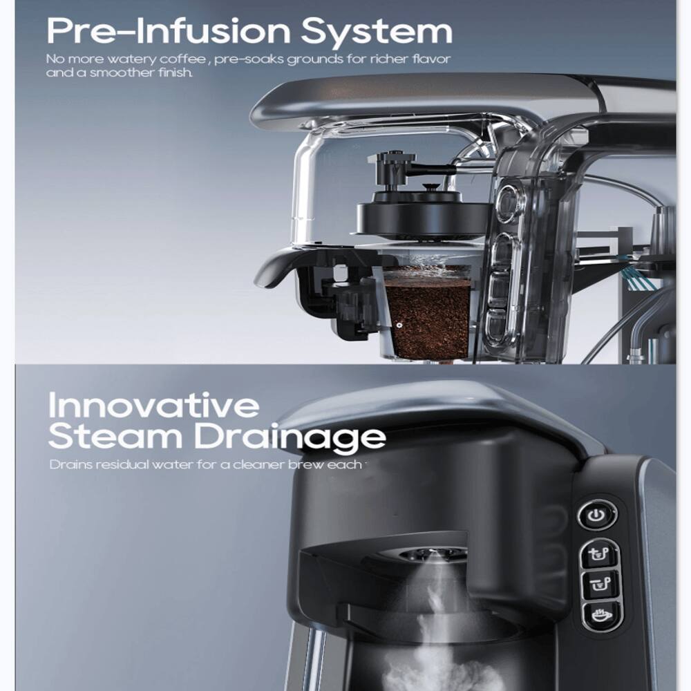Pre-Infusion System  
No more watery coffee, pre-soaks grounds for richer flavor and a smoother finish.  

Innovative Steam Drainage  
Drains residual water for a cleaner brew each time.