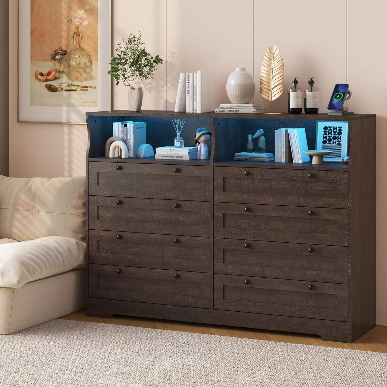 GARVEE - 8 Drawer Wood Dresser, Wide Chest Storage for Bedroom, Living Room, Hallway, TV Stand for Up to 55" TV - Brown