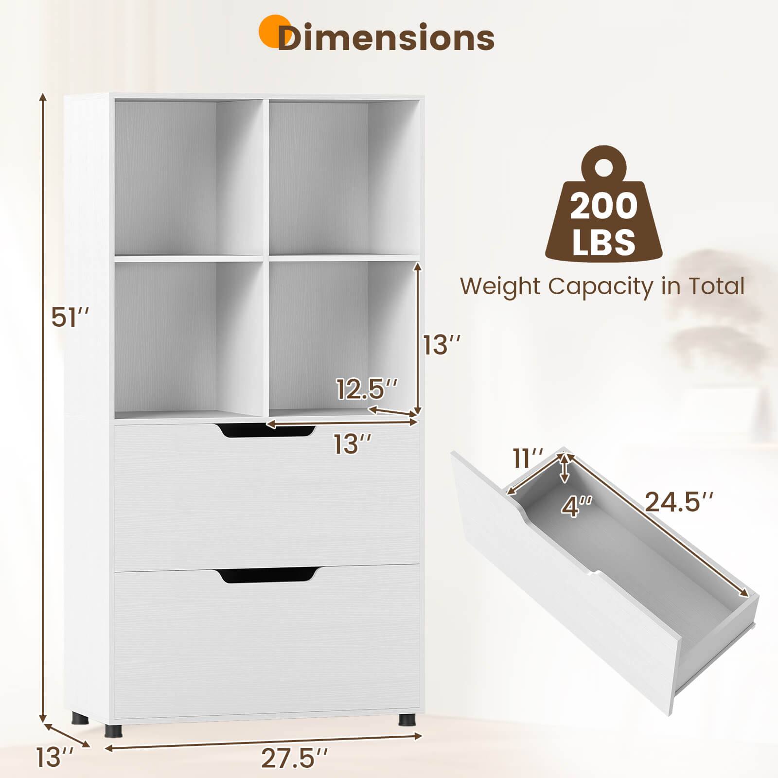 Dimensions:  
- Height: 51"  
- Width: 27.5"  
- Depth: 13"  
- Shelf Dimensions: 13" x 12.5"  
- Drawer Dimensions: 24.5" x 11" x 4"  
- Weight Capacity: 200 LBS