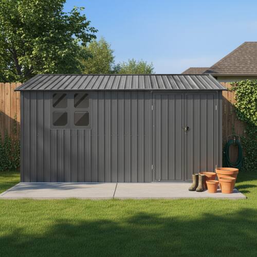 Angle. Anysun - 12x10ft Metal Garden Shed with Window, Shelves & Foldable Worktable, Outdoor Storage with Apex Roof & Locking Door - Grey.