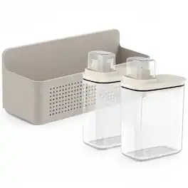 OU - Laundry Detergent Dispenser & Wall Rack Set, 2‑Pack 50 oz Clear Soap Dispensers w/ Measuring Cap & Hanging Storage Rack - Beige