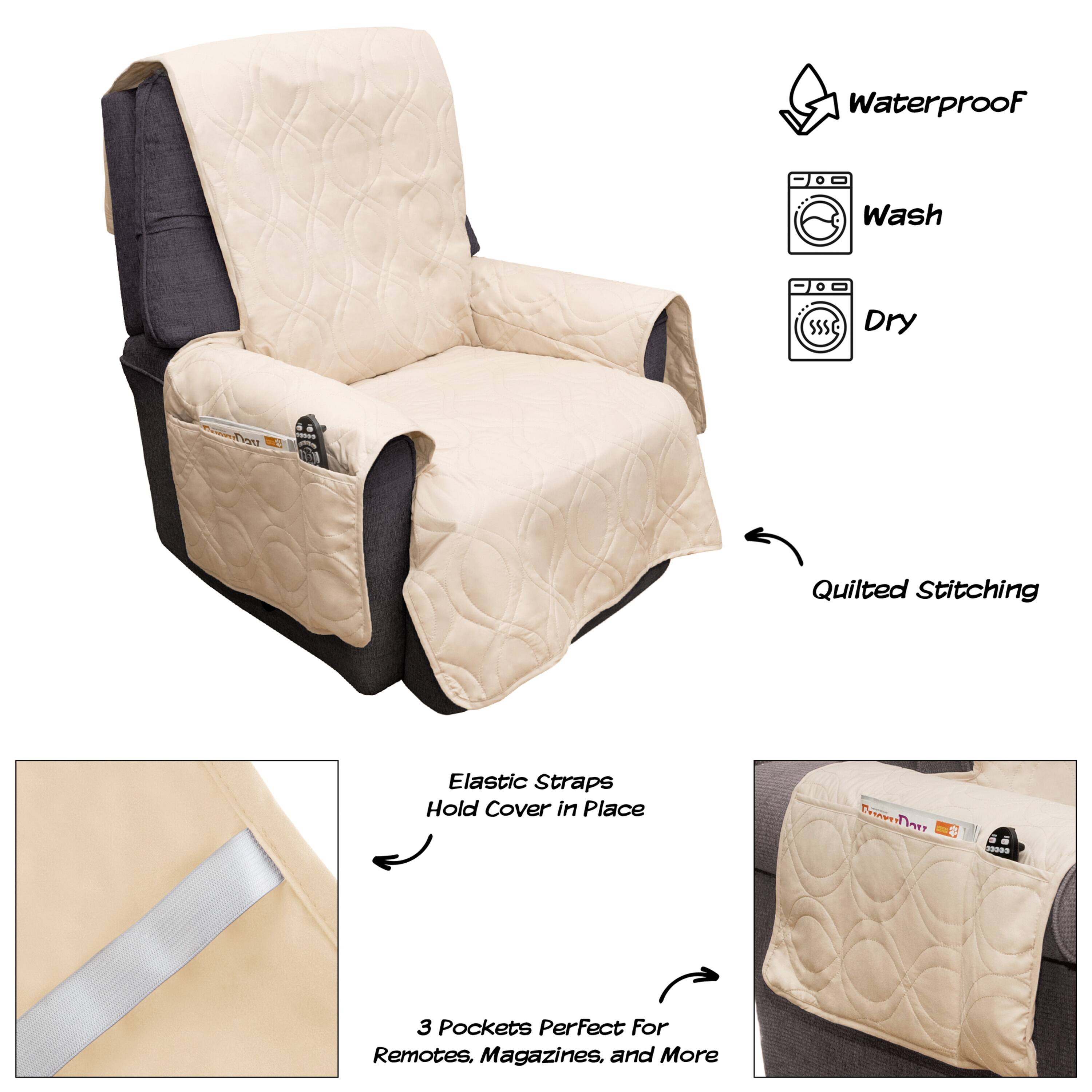 Waterproof Wash SSS Dry  
- Quilted Stitching  
- Elastic Straps Hold Cover in Place  
- 3 Pockets Perfect For Remotes, Magazines, and More