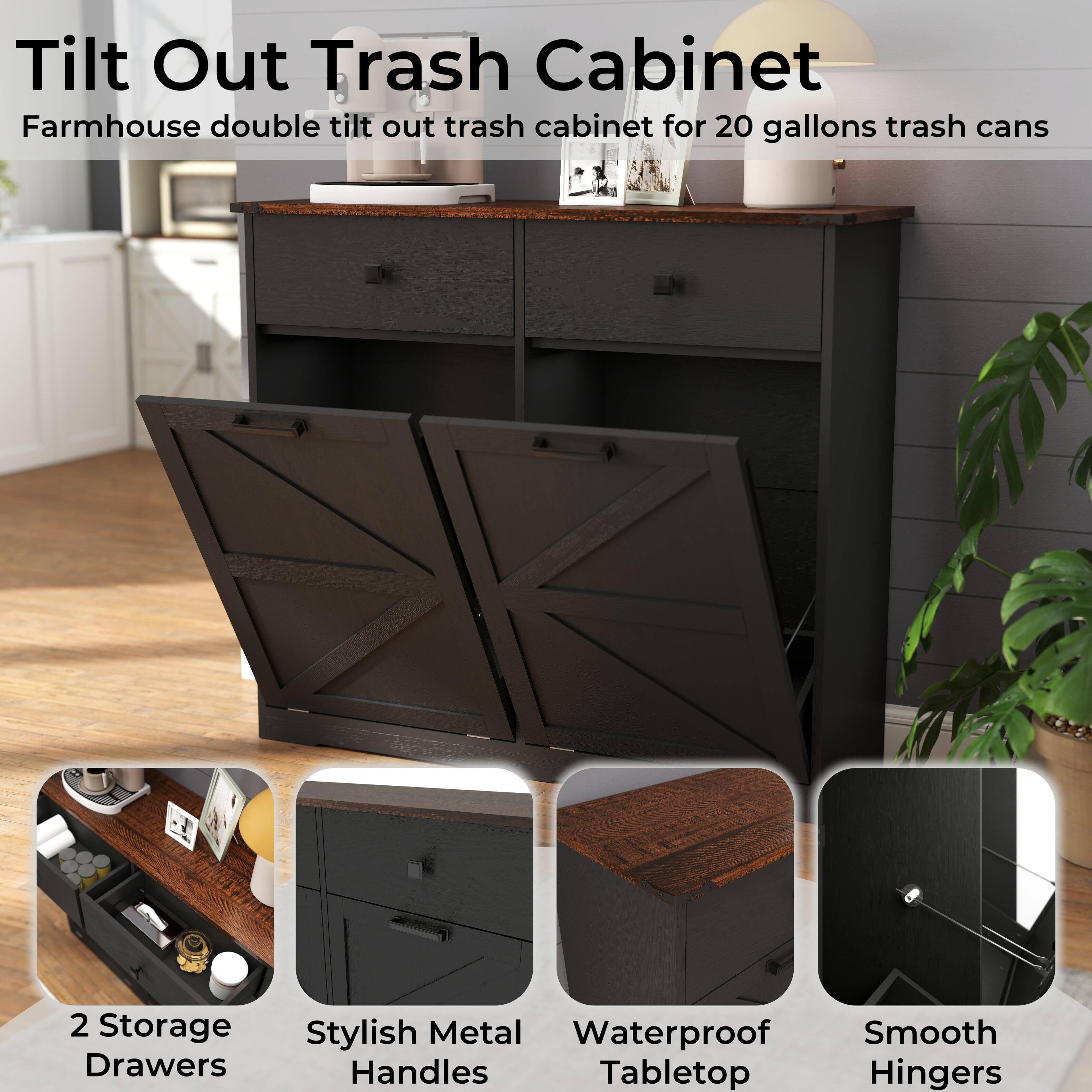 Tilt Out Trash Cabinet  
Farmhouse double tilt out trash cabinet for 20 gallons trash cans  

- 2 Storage Drawers  
- Stylish Metal Handles  
- Waterproof Tabletop  
- Smooth Hinges