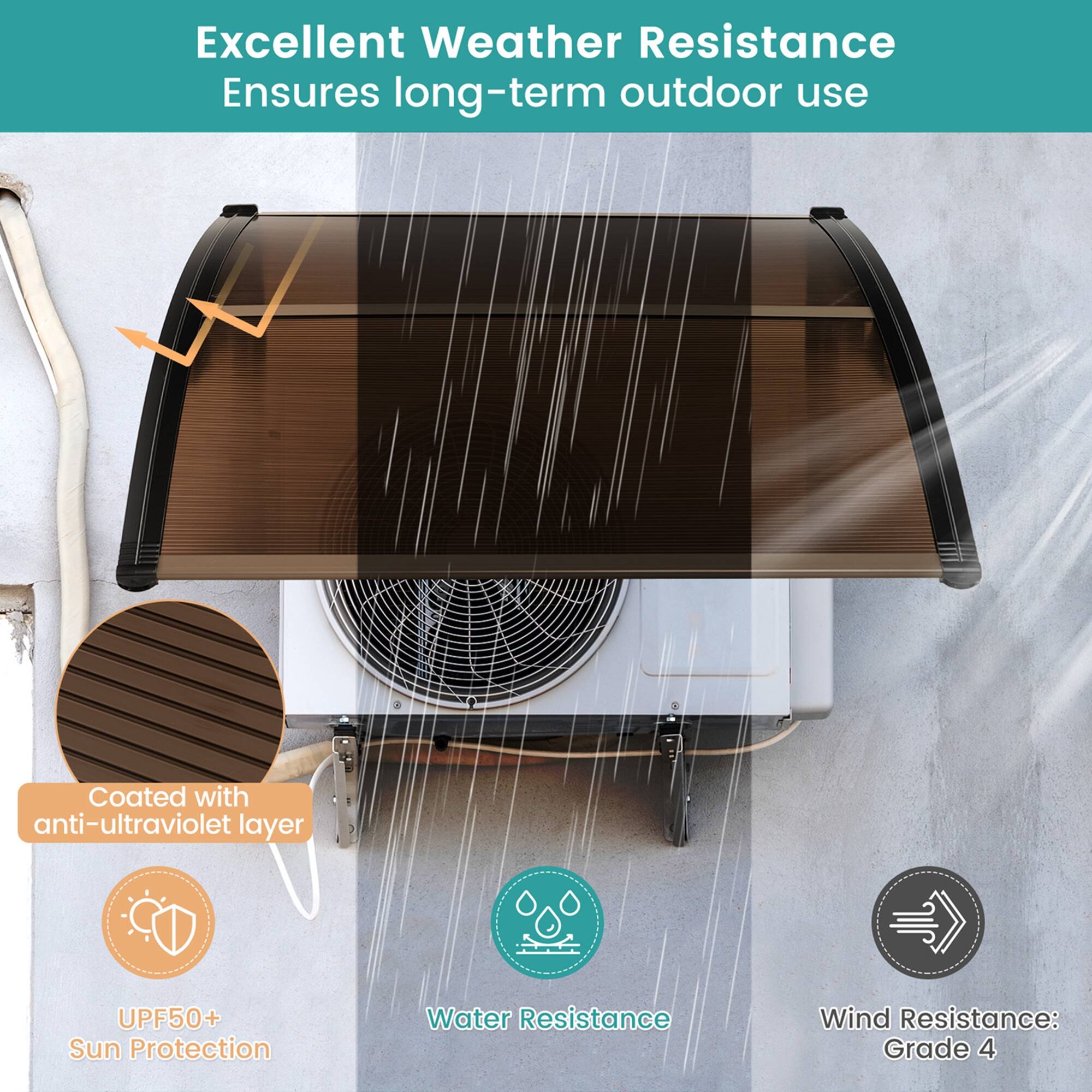 Excellent Weather Resistance Ensures long-term outdoor use

Coated with anti-ultraviolet layer

UPF50+ Sun Protection

Water Resistance

Wind Resistance: Grade 4