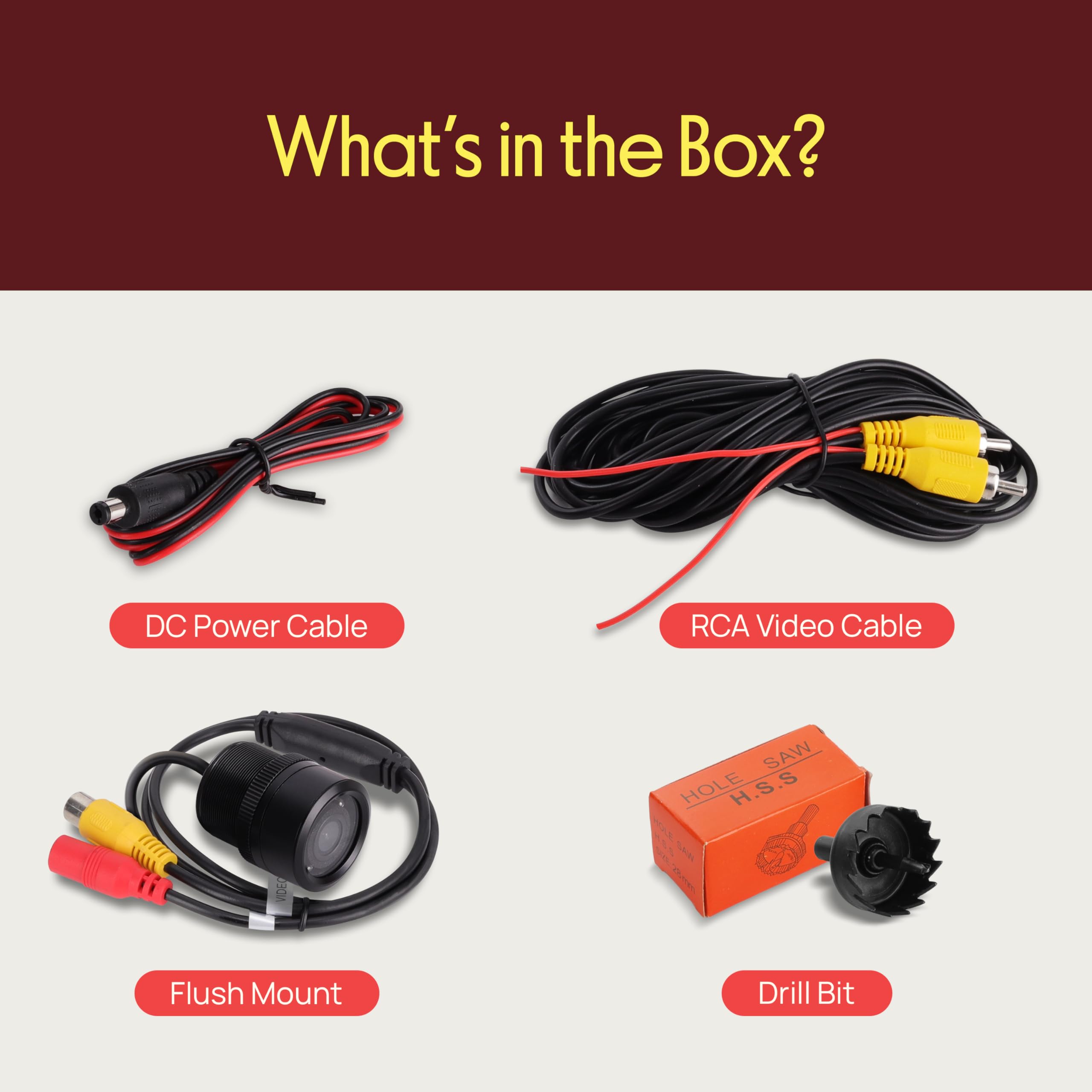 What's in the Box?

- DC Power Cable
- RCA Video Cable
- Flush Mount
- Drill Bit