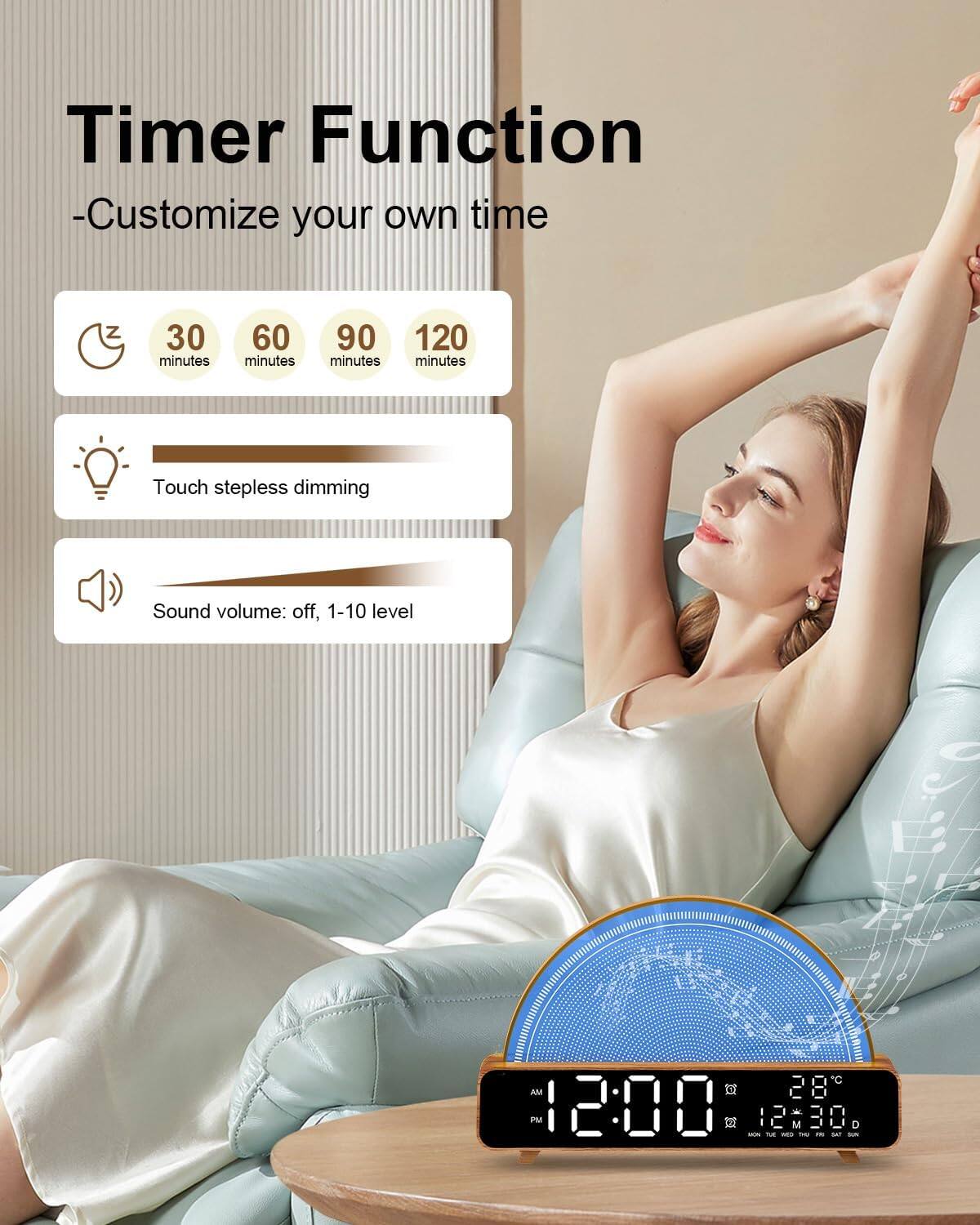 Timer Function  
- Customize your own time  
30 minutes  
60 minutes  
90 minutes  
120 minutes  

Touch stepless dimming  

Sound volume: off, 1-10 level  

AM 12:00  
PM 12:30  

28°C