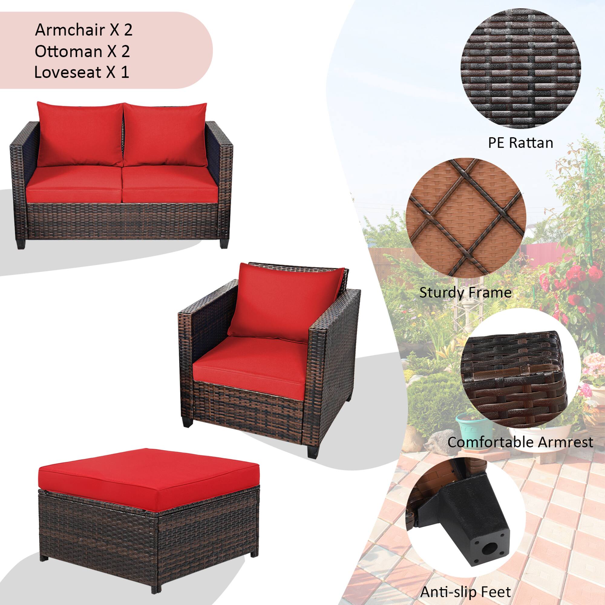 Armchair X 2  
Ottoman X 2  
Loveseat X 1  

PE Rattan  
Sturdy Frame  
Comfortable Armrest  
Anti-slip Feet