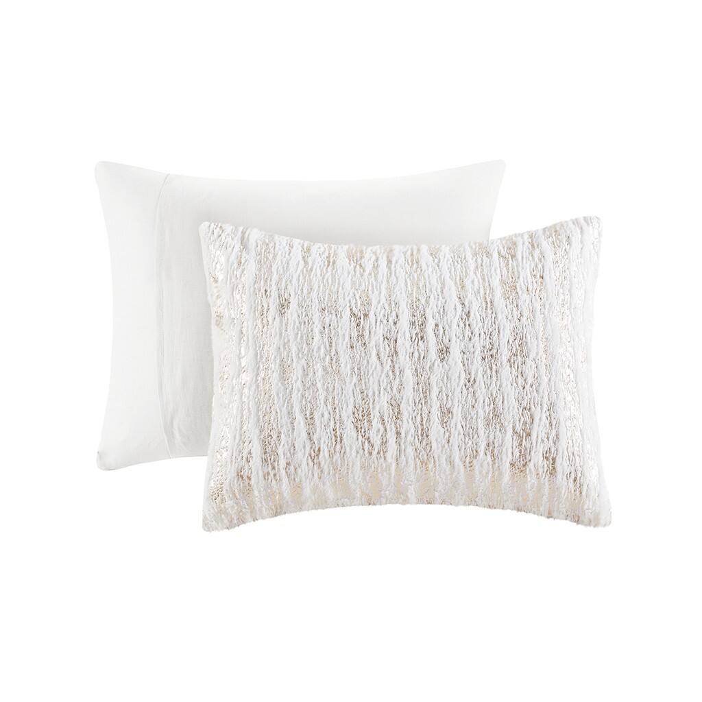 Alt View 4. Gracie Mills - Gracie Mills Maelona Metallic Print Faux Fur Duvet Cover Set - White/Gold.