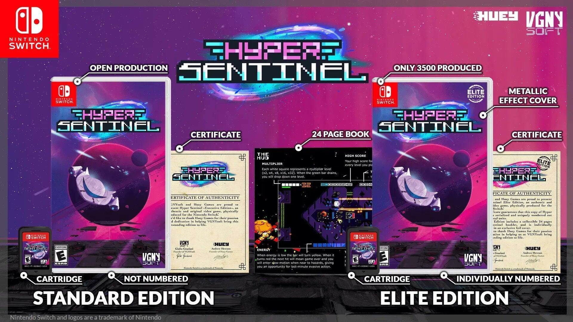 HUEY VGNY SOFT NINTENDO SWITCH. THYPERS OPEN PRODUCTION ONLY 3500 PRODUCED SENTINEL ELITE METALLIC EDITION GISTENDO MINTONEO SWITCH SWITCH EFFECT COVER THYPERS THYPERS SENTINEL SENTINEL CERTIFICATE 24 PAGE BOOK CERTIFICATE THYPERF SENTINEL THE HUD MULTIPLIER Each white square represents a multiplier lever (xz, 6, x32). When green drains, drop down. HIGH SCORE Your high score every level you EDITION ELITE EHYPERS ENTINEL ....... SWITCH REPER VESTON SCHEINGL E ESRB ERTIFICATE OF AUTHENTICITY INVul oy Cames proud Hyper Sentinel Executive Edition, theathe lenigino d gAme physicality mdhoced Nimende Switck chank Hacy Comes their passioa dedication helping VGNYal bring tstanding edition lile. VGNY CHUEY Cialle Cnarland Aados Fusido VGNY Sodns SOFT ENERGY When energy Lunn yellow When turns mean game enter gow-mation when hazards, giving opportunity last-minute evasive action. OI.R. SWITCH CHLNGL VC