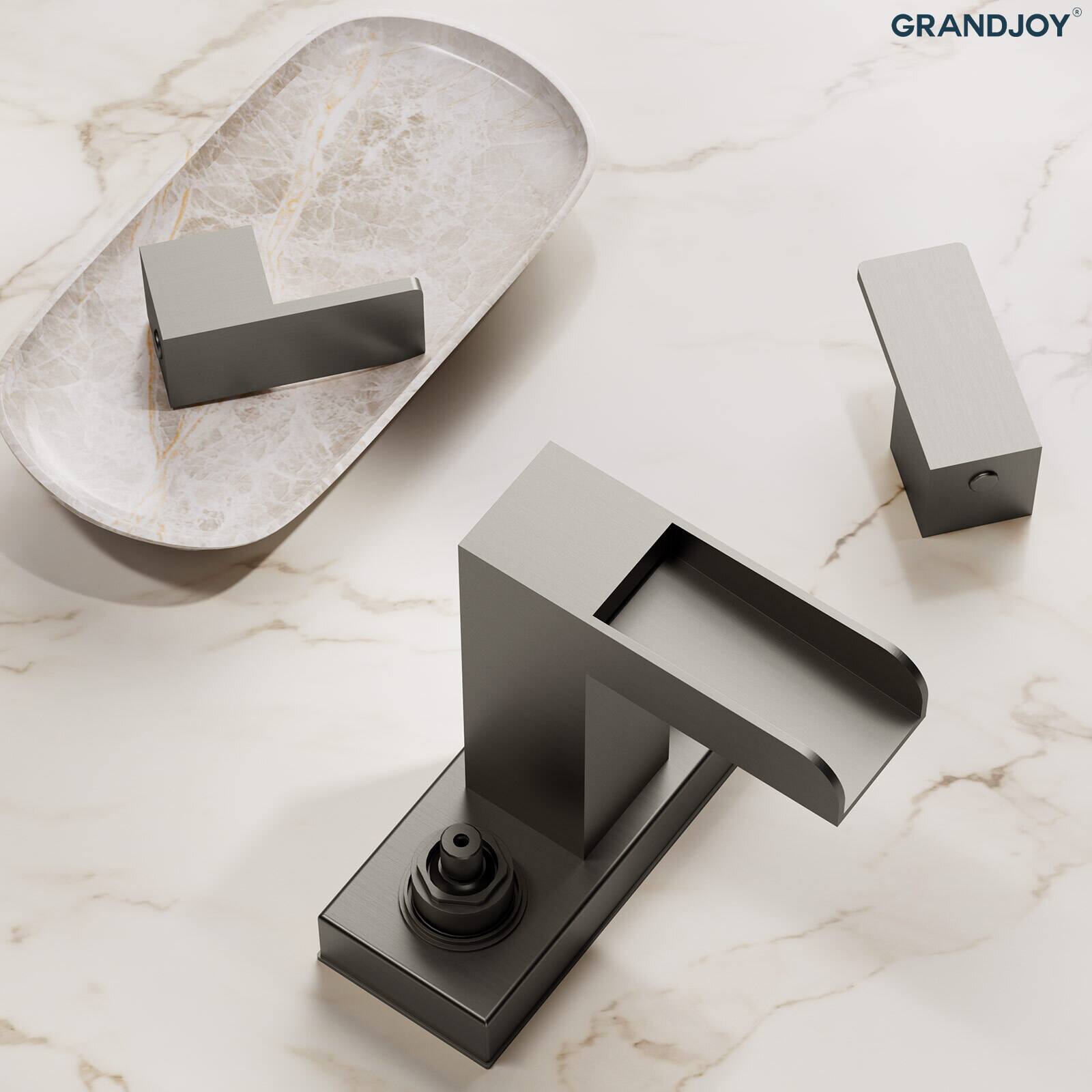 Alt View 7. GRANDJOY - Modern Waterfall Bathroom Faucet Dual Handle Rectangular Open-Channel Spout Solid Copper for Vanity Sink - Brushed Nickel.