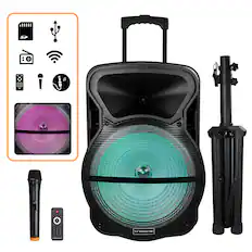 Front. Trexonic - Trexonic Combo 15" Bluetooth Speaker and Tripod Stand w/ Reactive Lights, FM Radio, USB/TF Inputs, Rechargeable Battery - Black.
