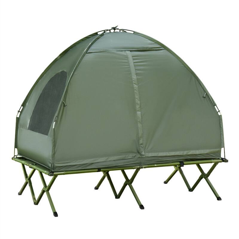 Angle. HTUTWOO - 2 Person Foldable Camping Cot With Tent - 4-In-1 Elevated Camping Bed Tent with Bedspread Thick Air Mattress for Outdoor - Dark Green.