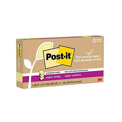Post-it  
100% recycled paper  
100% de papier recyclé  

super sticky  
super collants  

6 S  
70 FEUILLETS  
POUR DISPENSER NOTES  

3 IN x 3 IN (76 mm x 76 mm)  

TOTAL/CONT 420  
CONT 420  

3 EA  
3M