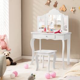 Costway - Vanity Table Set Makeup Dressing Table Kids Stool Mirror - White
