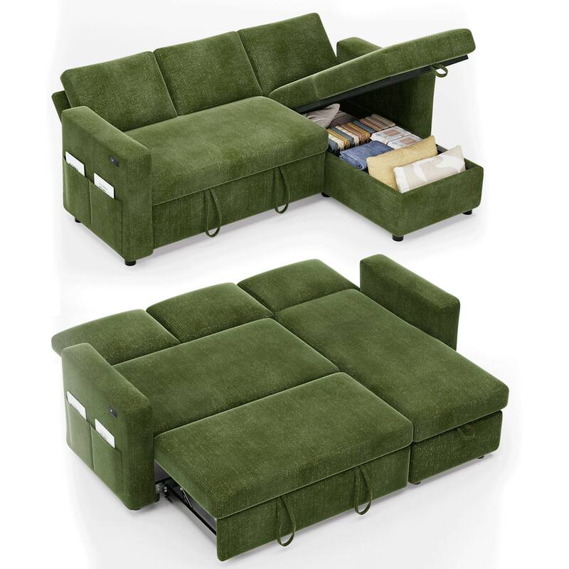 Alt View 7. Vipbear - 81" L Shaped Sleeper Couch Sofa Bed with Pull Out Bed Reclining Backrest, Storage Chaise, USB Ports, Tool-Free Assembly - Green.