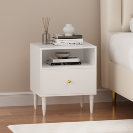 Z-Edge - Modern Nightstand with Drawer and Open Shelf, Bedside Table with Solid Wood Legs, End Table for Bedroom, Living Room - White