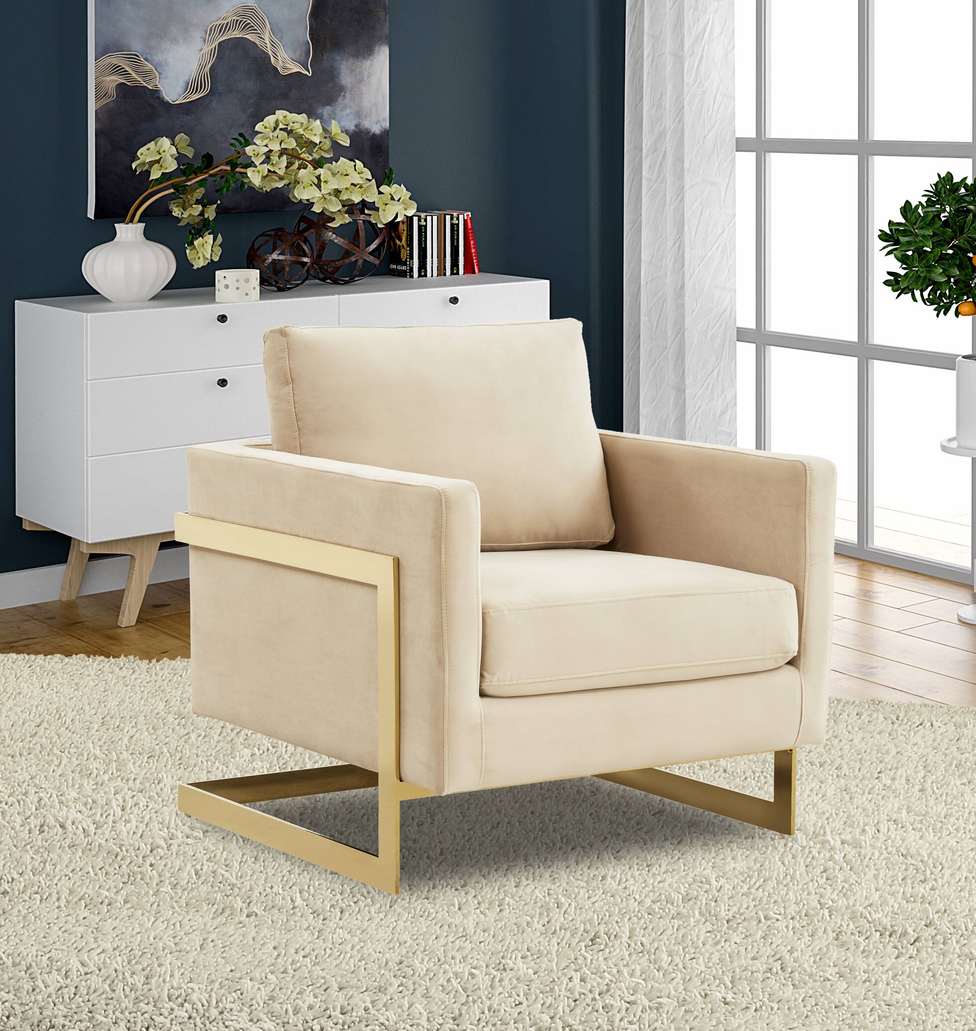 Angle. LeisureMod - Lincold Modern Velvet Accent Chair, Gold Stainless Steel Sled Base Upholstered Armchair - Fully Assembled - Beige.