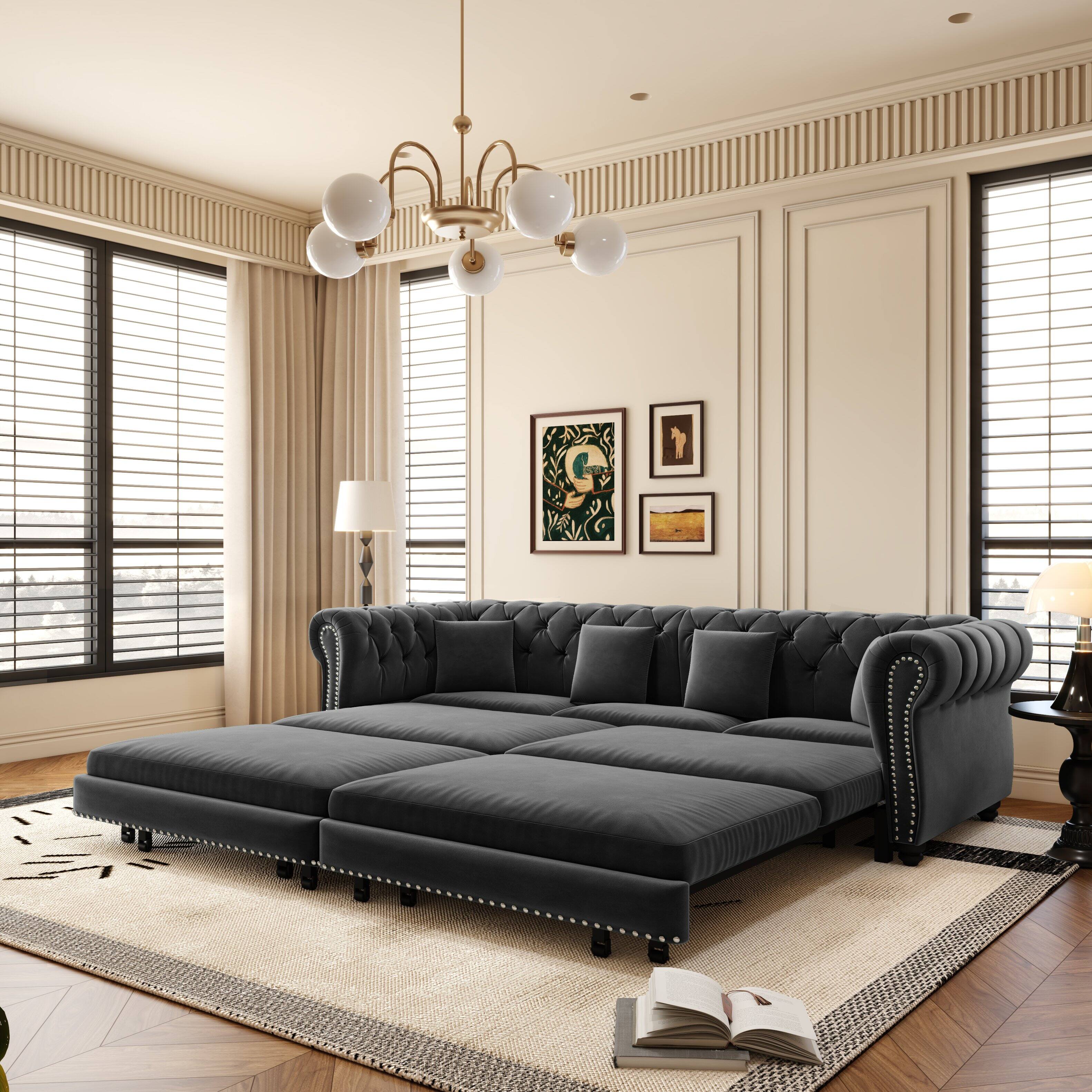 Alt View 2. Anysun - 89" 3-in-1 Velvet Chesterfield Pull-Out Sofa Bed - King Size Sleeper with Chaise & Movable Ottoman - Grey.