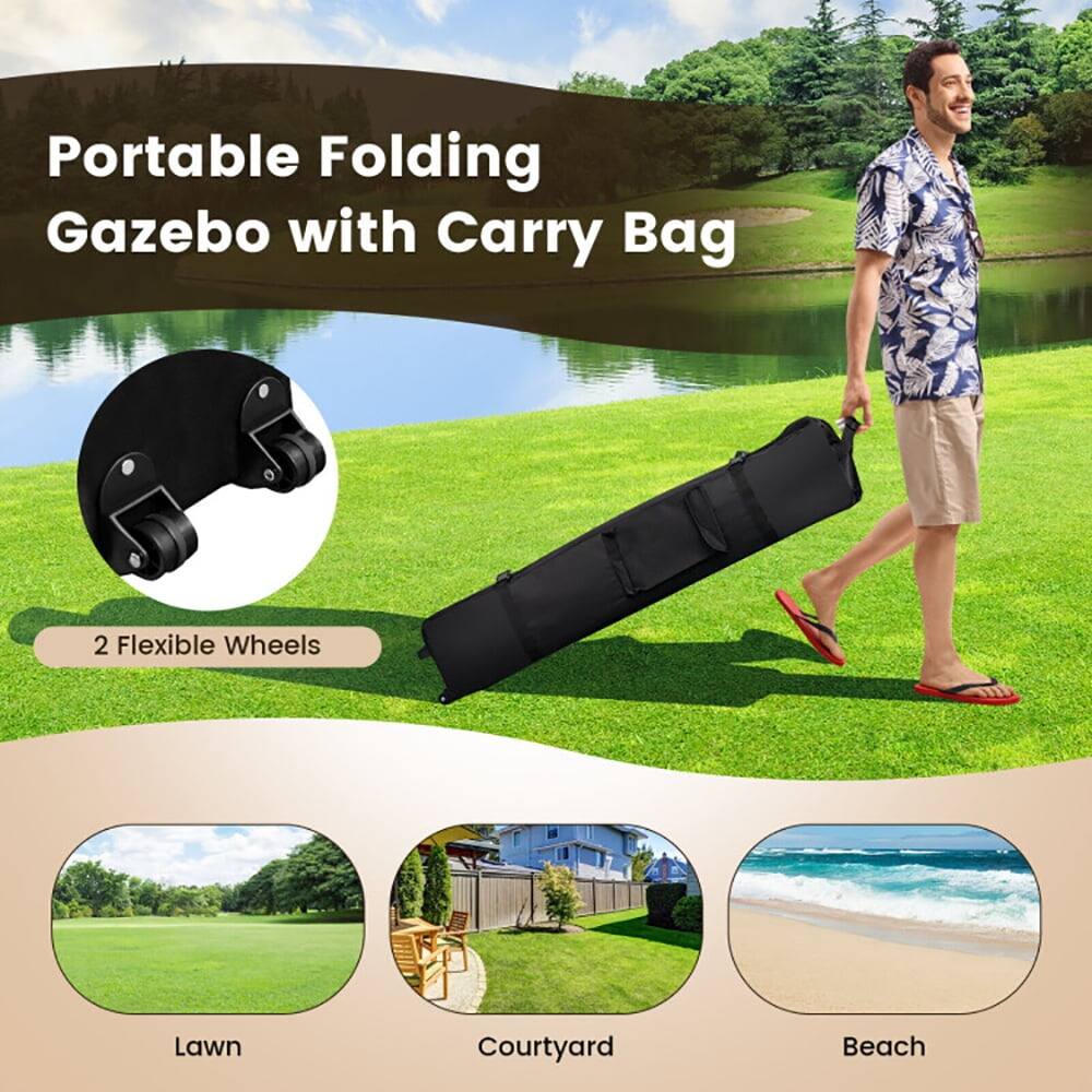 Portable Folding Gazebo with Carry Bag  
2 Flexible Wheels  
Lawn  
Courtyard  
Beach