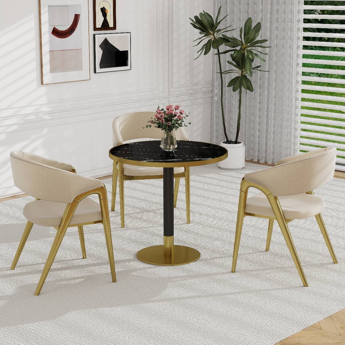 Alt View 3. Loheer - Loheer Round Dining Table with Black Sintered Stone Top and Gold Metal Base - Black and Gold.