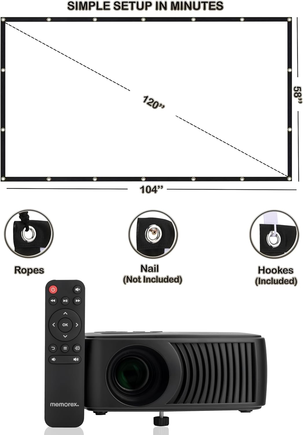 SIMPLE SETUP IN MINUTES

120" x 58" x 104"

Ropes  
Nail (Not Included)  
Hooks (Included)

memorex