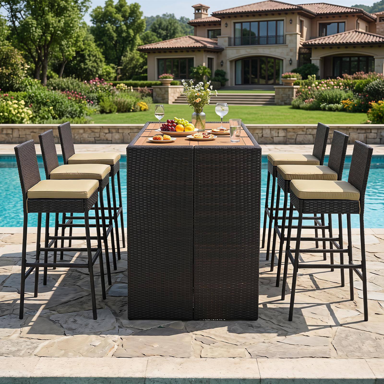 Alt View 3. Costway - Costway 7-Piece Outdoor PE Wicker Bar Set with Bar Height Table 6 Cushioned Stools for Yard - Brown.