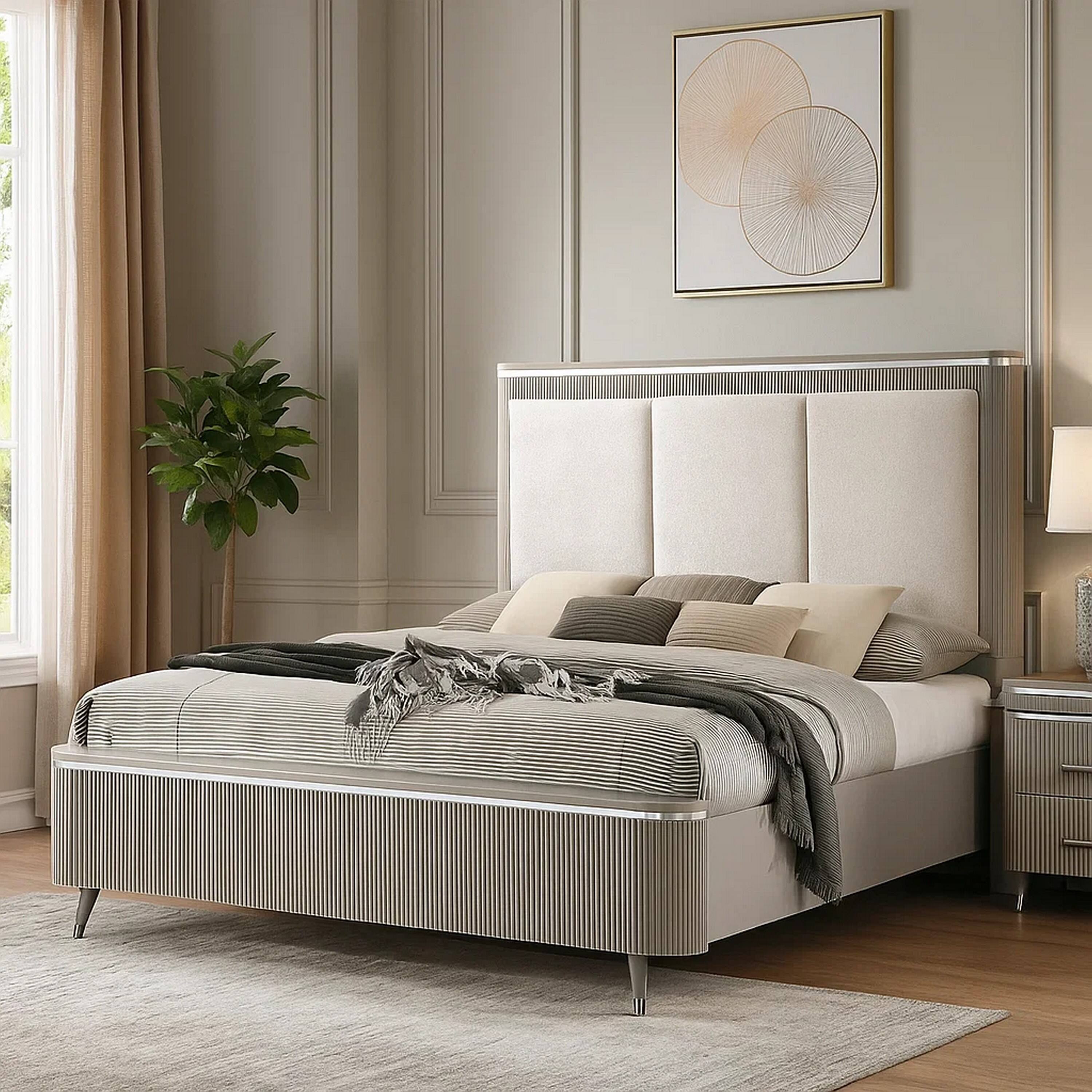 Alt View 6. Manhattan Lane - Gema Queen Bed, Channeled Upholstery, Reeded w Silver Line - Light Gray, Silver.