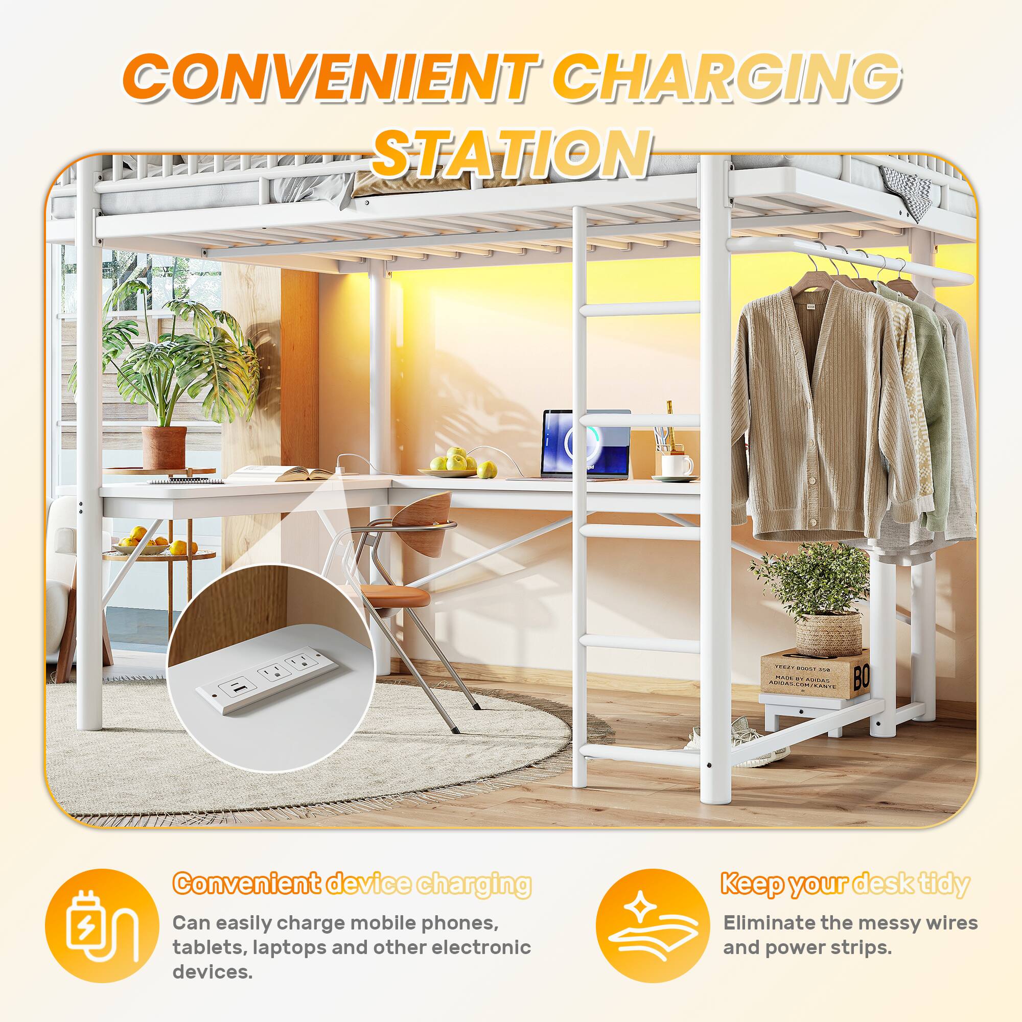 CONVENIENT CHARGING STATION

Convenient device charging
Can easily charge mobile phones, tablets, laptops and other electronic devices.

Keep your desk tidy
Eliminate the messy wires and power strips.