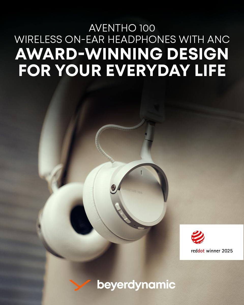 AVENTHO 100  
WIRELESS ON-EAR HEADPHONES WITH ANC  
AWARD-WINNING DESIGN FOR YOUR EVERYDAY LIFE  

reddot winner 2025  

beyerdynamic