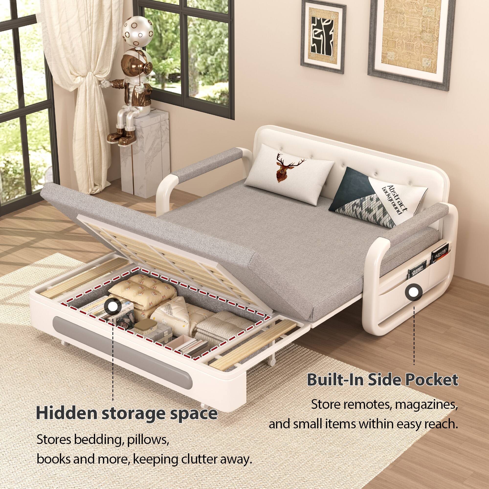 T P hackgcon Abstract

Hidden storage space
Stores bedding, pillows, books and more, keeping clutter away.

Built-In Side Pocket
Store remotes, magazines, and small items within easy reach.