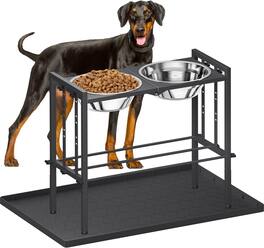 Pawtners - Raised Dog Bowls for Large Breed: Adjustable Feeder Stand with 2 Stainless Steel Bowls, 3 Heights, with Mat - Black