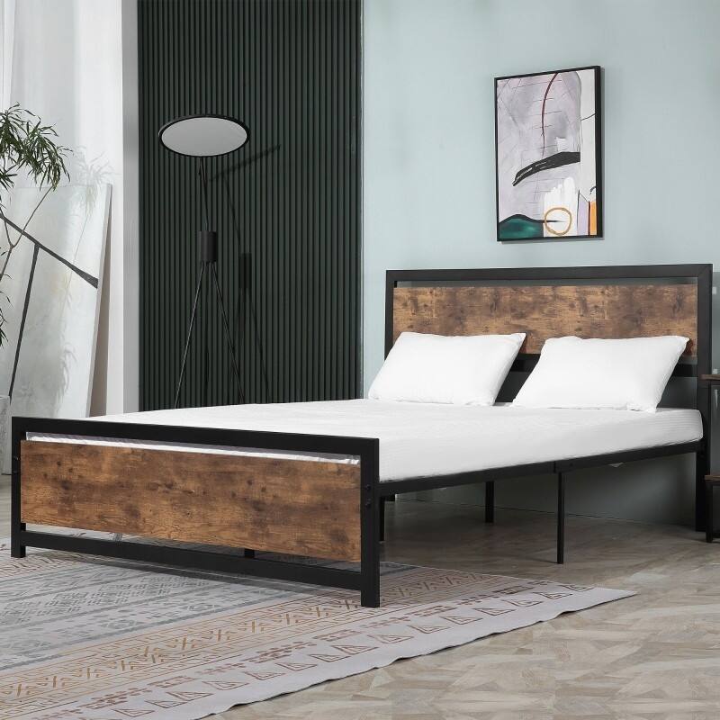 Angle. Hivvago - Hivvago Queen Size FarmHouse Metal Wood Platform Bed Headboard Footboard - Rustic Brown.
