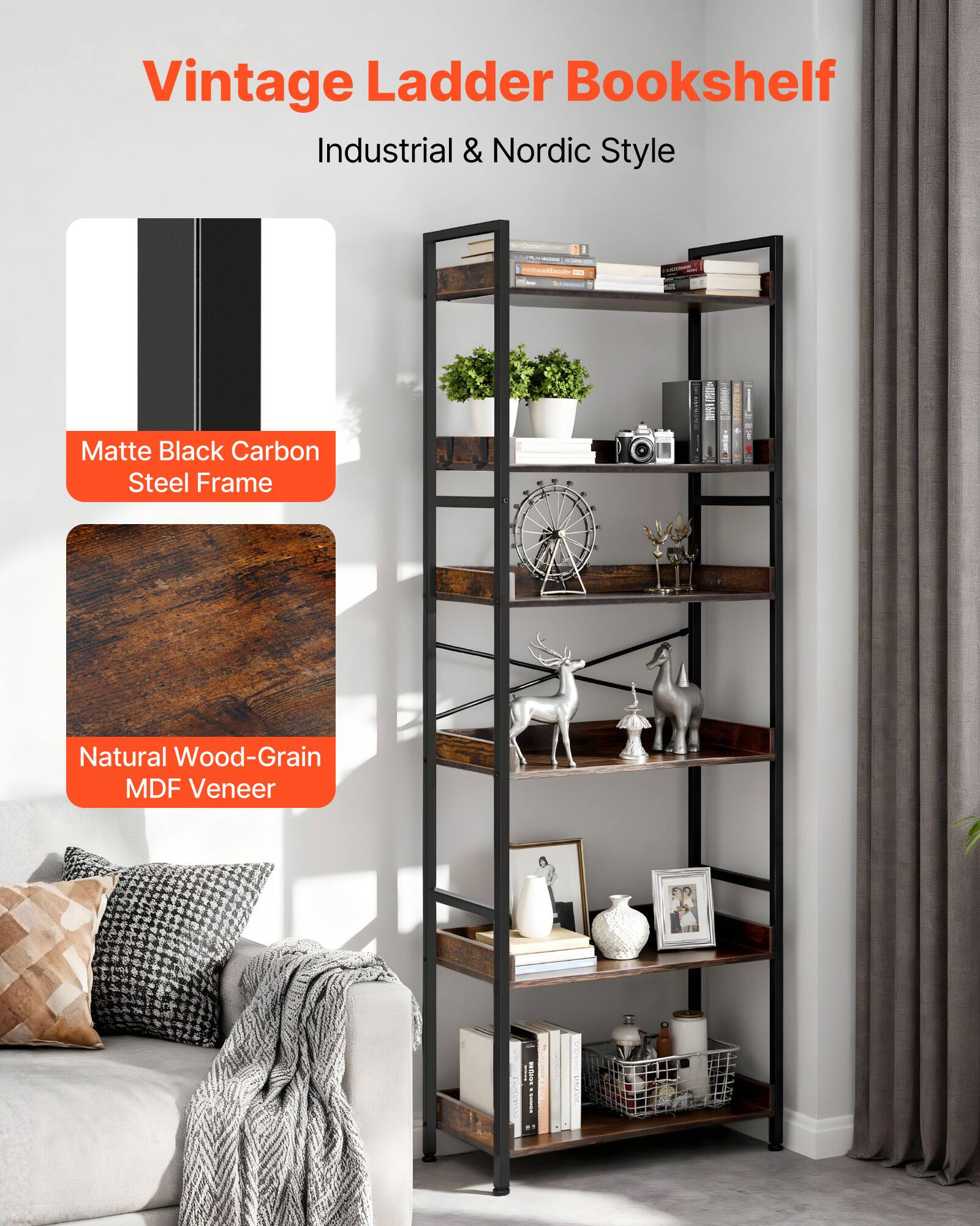 Vintage Ladder Bookshelf Industrial & Nordic Style

- Matte Black Carbon Steel Frame
- Natural Wood-Grain MDF Veneer