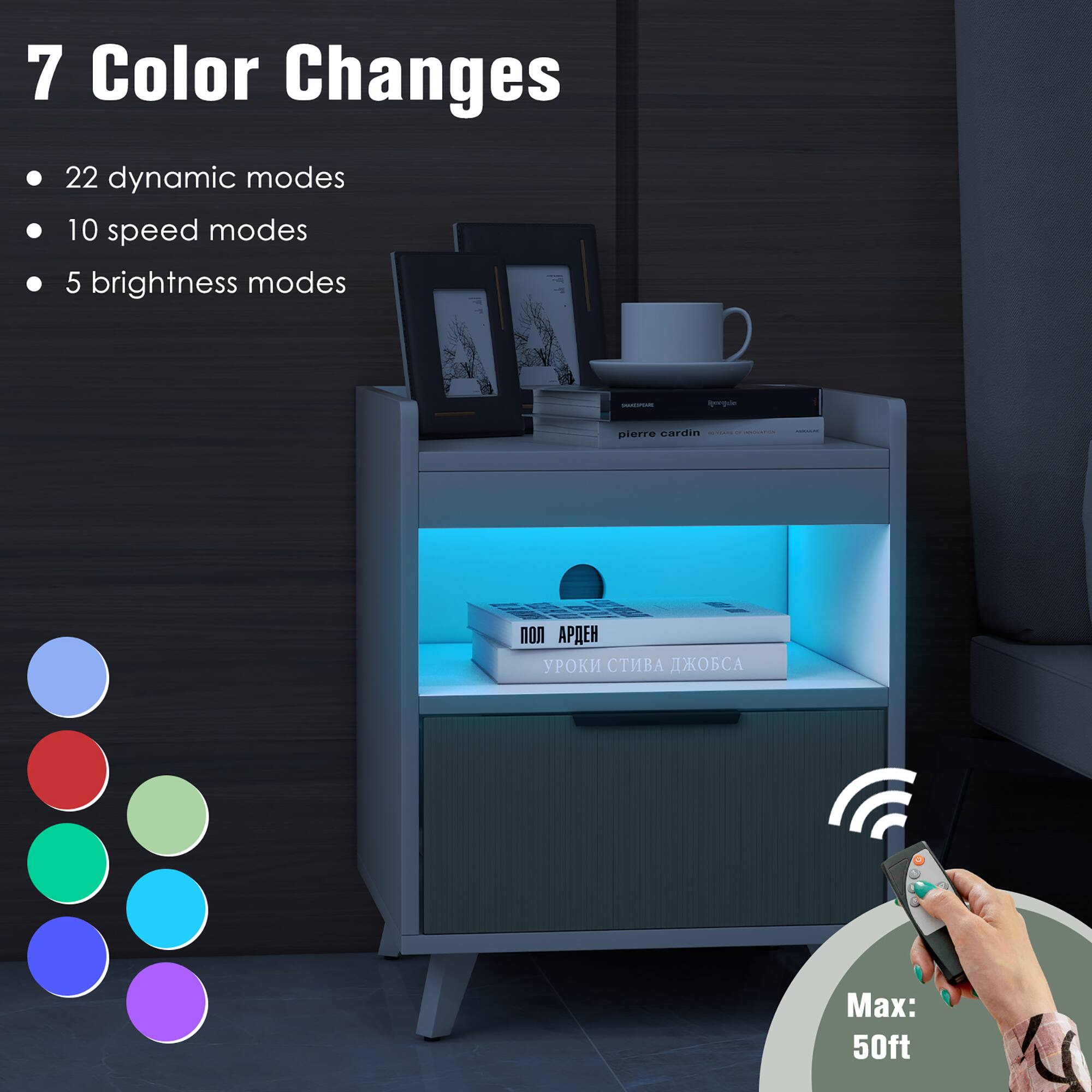 7 Color Changes  
- 22 dynamic modes  
- 10 speed modes  
- 5 brightness modes  

Max: 50ft