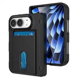 Dteck - For Apple iPhone Duo Wallet Case Built-in Screen Protector,Shockproof Rugged Card Slot Cover Hinge Protection - Black