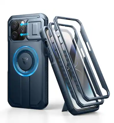 Front. dexnor - Dexnor iPhone 14 Pro Max Case with Camera Cover&Adjustable Kickstand&Built-in Screen Protector Magnetic,Navy Blue - Navy Blue.