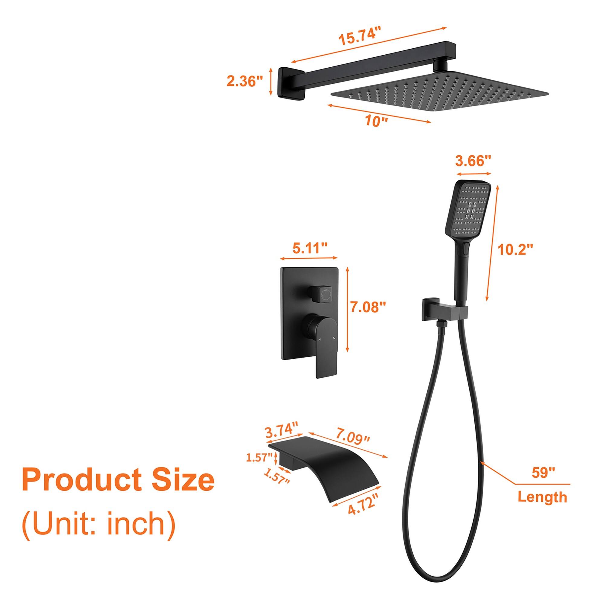 15.74" 2.36" 10" 3.66" 5.11" 10.2" 7.08"  
Product Size (Unit: inch)  
3.74" 1.57" 1.57" 7.09" 4.72" 59"  
Length